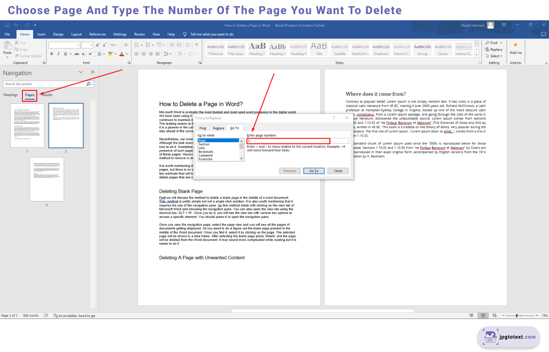 Choose page and type the number of page you want to delete