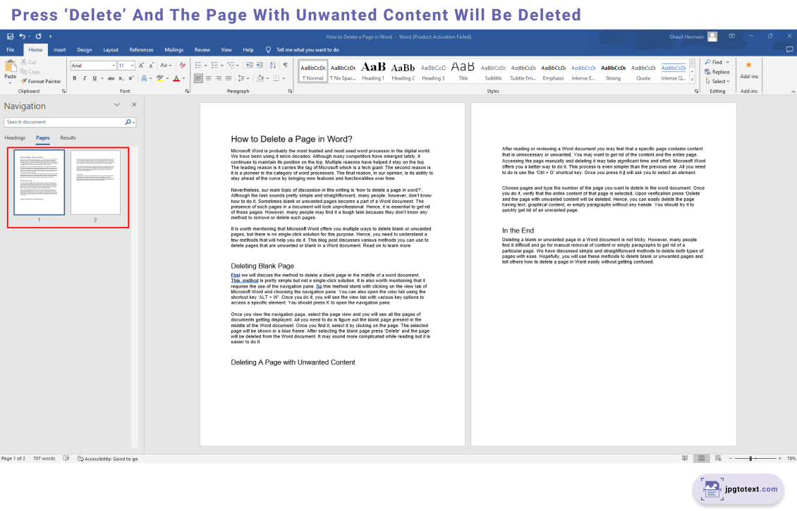 Press 'Delete' and the page with unwanted content will be deleted